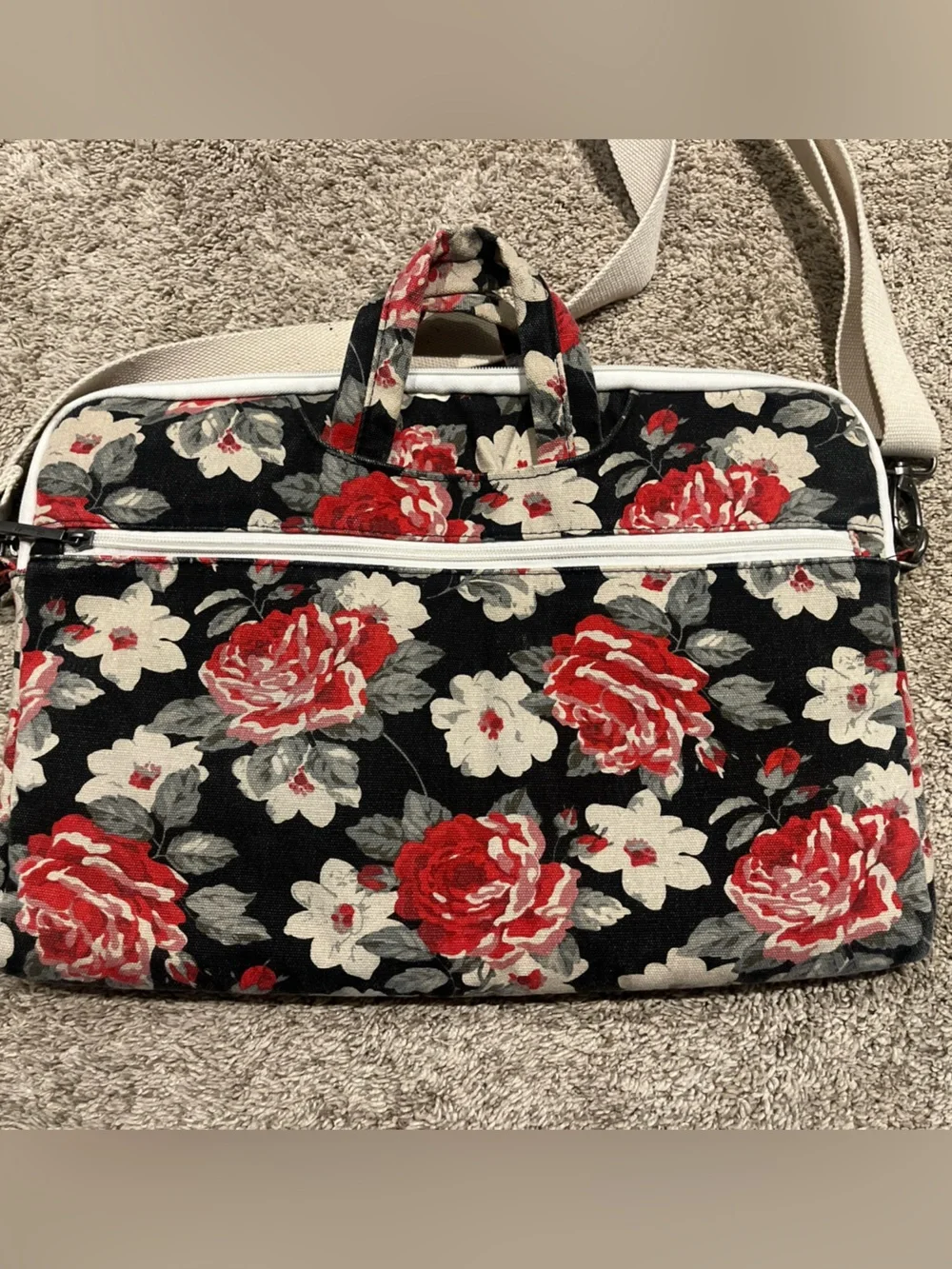 Canvas life  Floral Canvas Tote Bag - Red & Cream Roses on Black 10 by 15